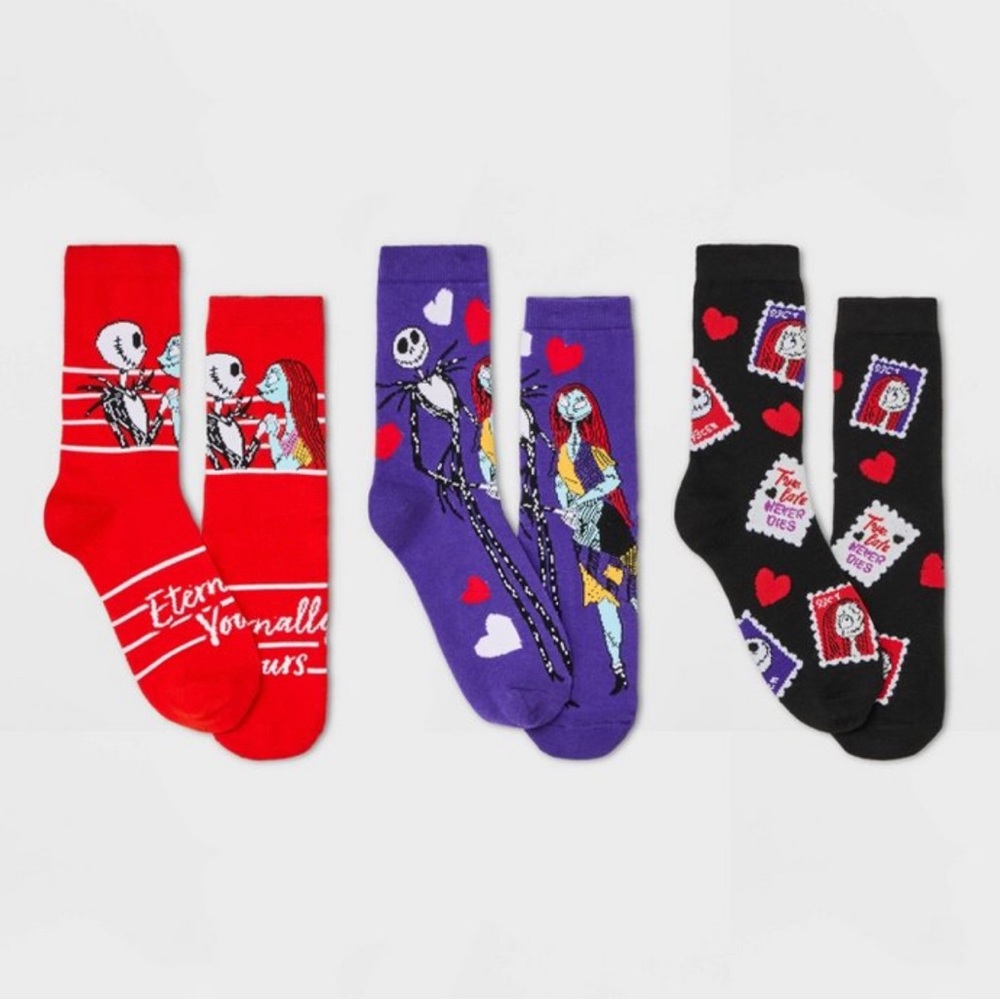 Women’s 3 Pack Nightmare Before Christmas Valentine’s Day Crew Socks Size 4-10